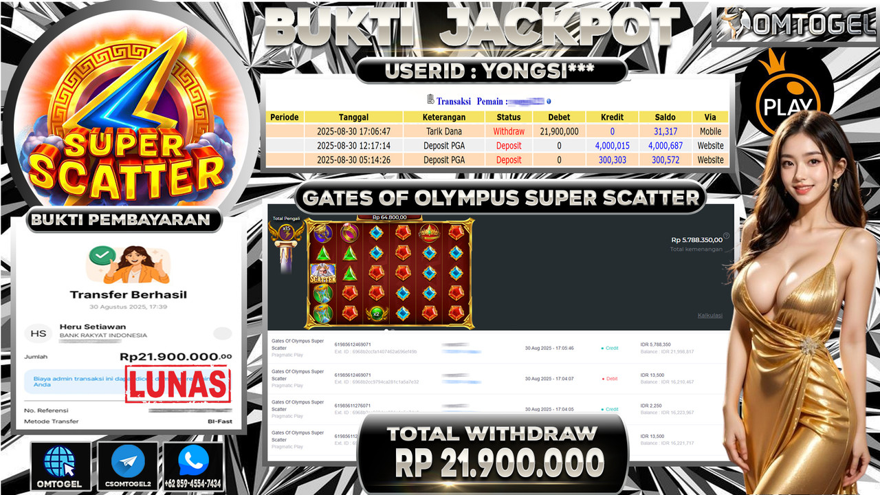 OMTOGEL JACKPOT PRAGMATIC PLAY GATES OF OLYMPUS SUPER SCATTER 21 JUTA DI BAYAR LUNAS ,-
