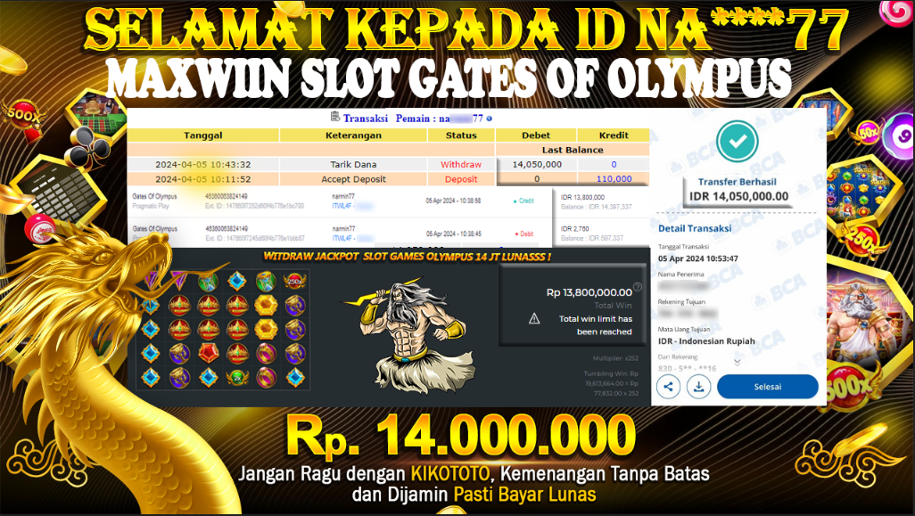 LAGI - LAGI !! MENANG BESAR DI SLOT ONLINE GATE OF OLYMPUS SEBESAR Rp 14,000,000 LANGSUNG DAN TANPA BASA BASI DI BAYAR KIKOTOTO !!!
