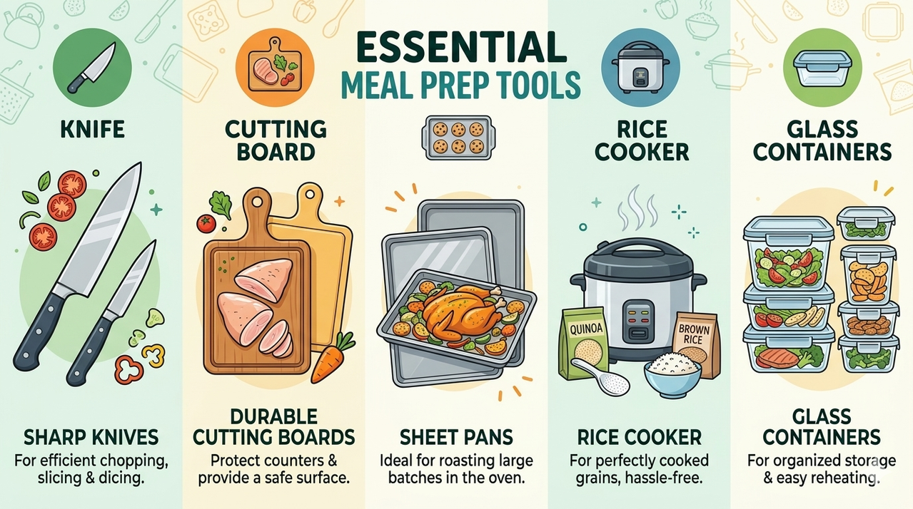 Illustrated infographic of essential meal prep tools including knife cutting board sheet pans rice cooker and glass containers