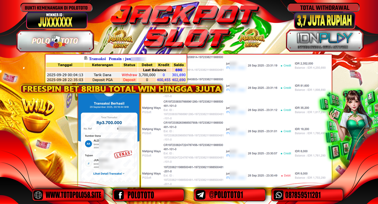 POLOTOTO JACKPOT SLOT MAHJONG WAYS Rp.3.700.000,- LUNAS