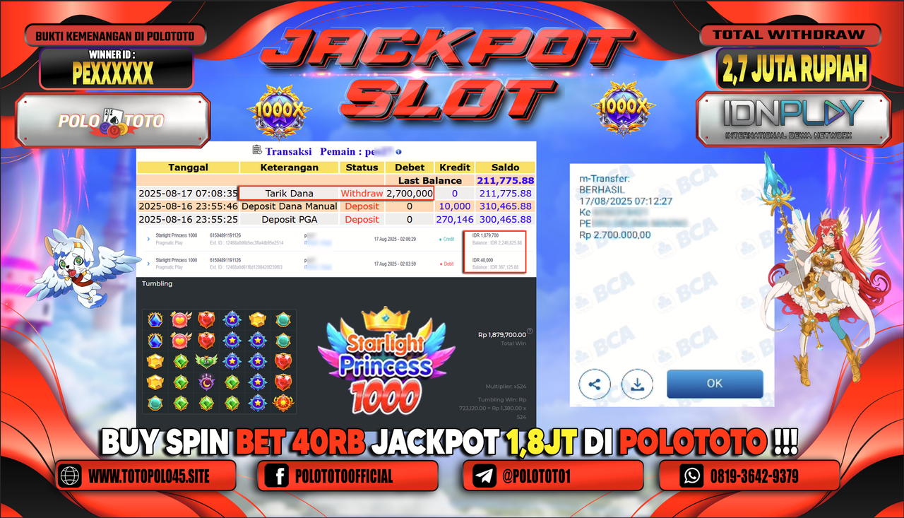 POLOTOTO JACKPOT SLOT STARLIGHT PRINCESS 1000 Rp.2.700.000,-