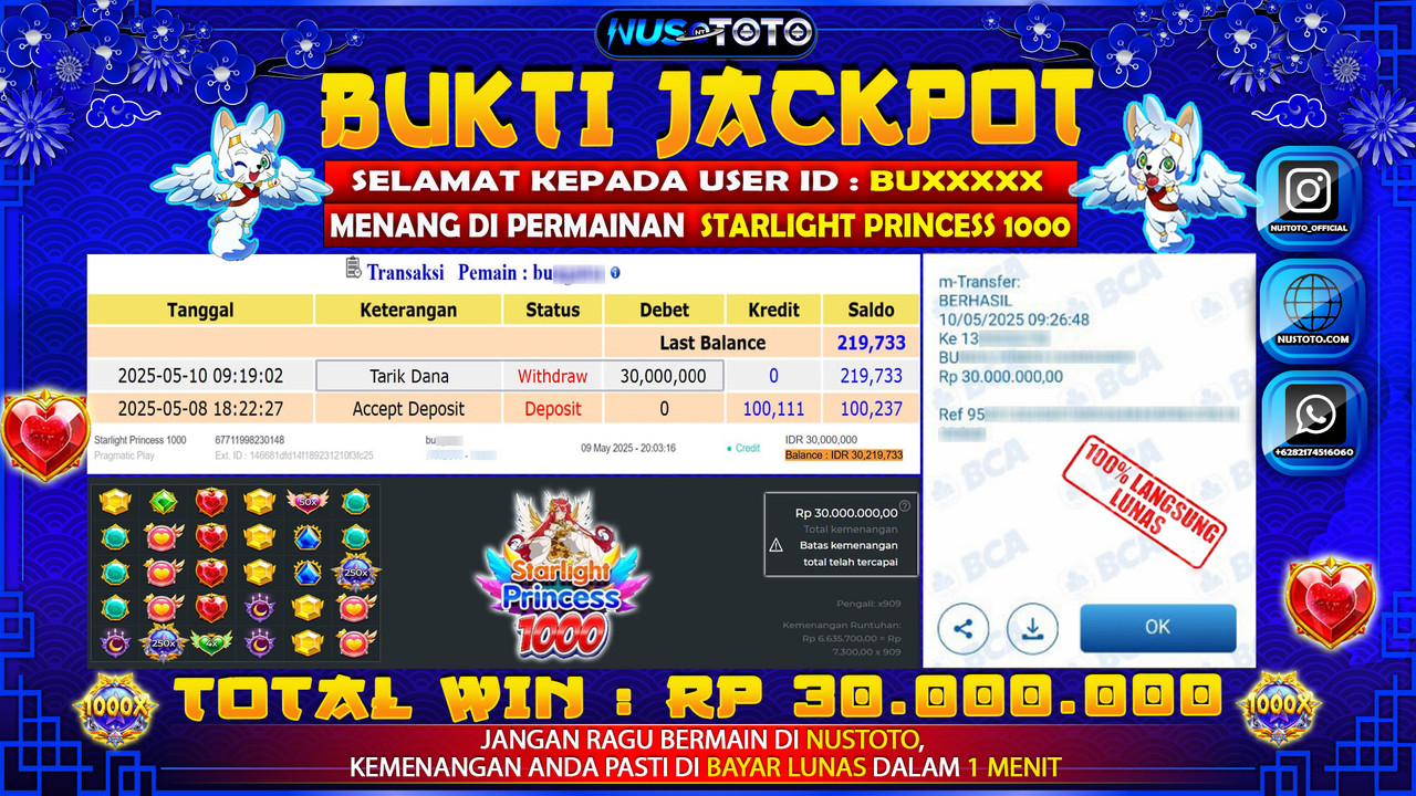 JACKPOT !! MENANG BESAR DI SLOT STARLIGHT PRINCESS 1000 Rp. 30.000.000 LANGSUNG DI BAYAR LUNAS NUSTOTO !!