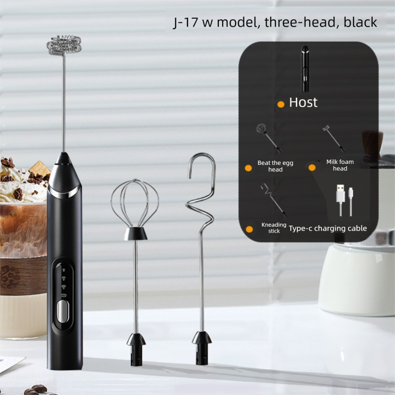 Rechargeable 3-in-1 Handheld Milk Frother Set - Electric Whisk with Egg Beater & Mixing Hook - 3 Speed Adjustable Foam Maker for Coffee, Lattes, Baking & Baby Food (Black)