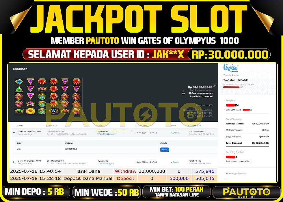 BUKTI PEMBAYARAN TGL 18 JULY 2025 MENANG DI PERMAINAN GATES OF OLYMPUS 1000 TOTAL WD 30 JUTA