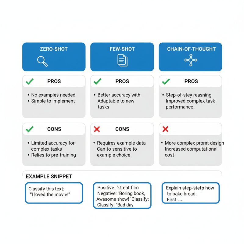 Visual chart comparing zero-shot, few-shot, and chain-of-thought AI prompts with examples