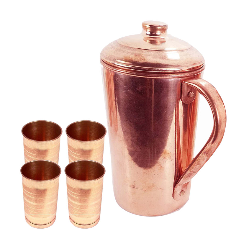 Jarra de cobre puro con vaso de vidrio para servir agua beneficio para la salud restaurante regalo - Imagen 3 de 4
