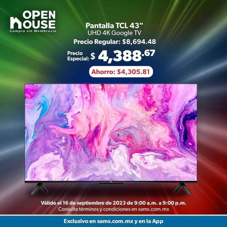 Sam's Club: Pantalla TCL UHD 43 Google TV