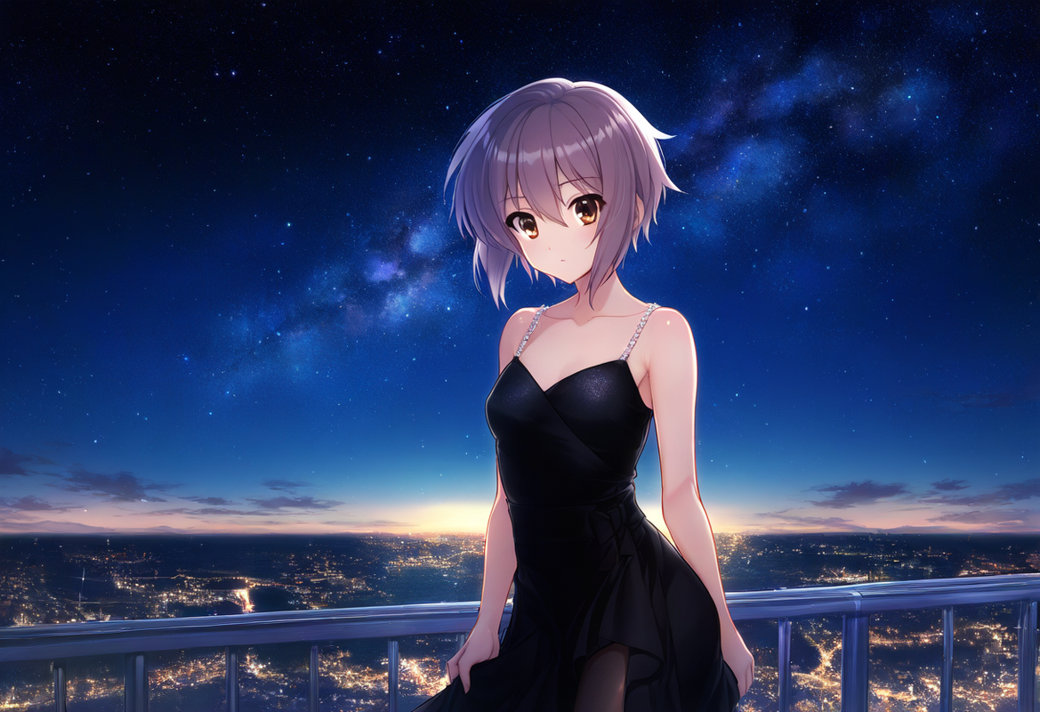 1girl, nagato yuki (suzumiya haruhi no yuuutsu), black dress, Leaning on a rooft s-1949884370