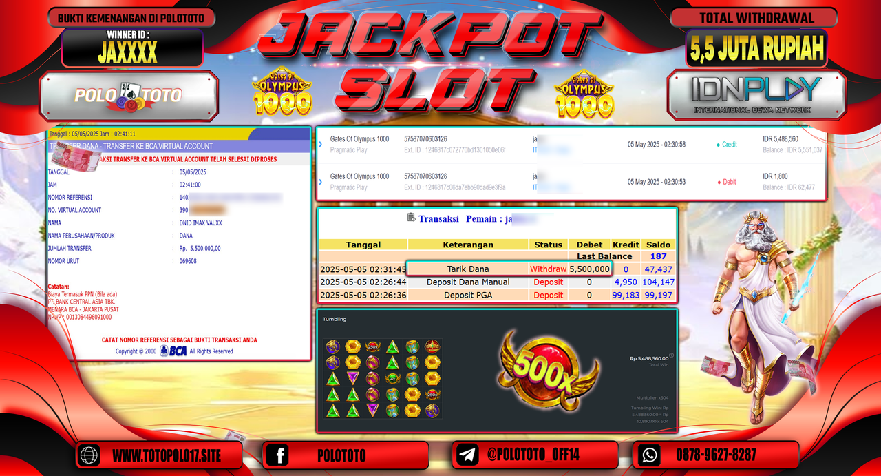 POLOTOTO JACKPOT SLOT GATES OF OLYMPUS 1000 Rp.5.500.000,-