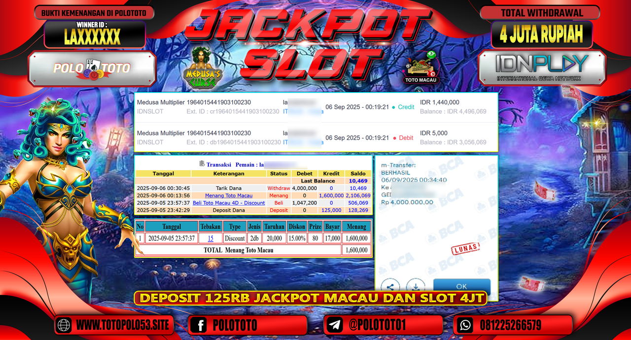 POLOTOTO JACKPOT SLOT MEDUSA MULTIPLIER Rp.4.000.000,-