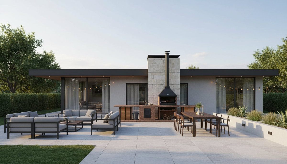 Барбекю-комплекс летом на даче