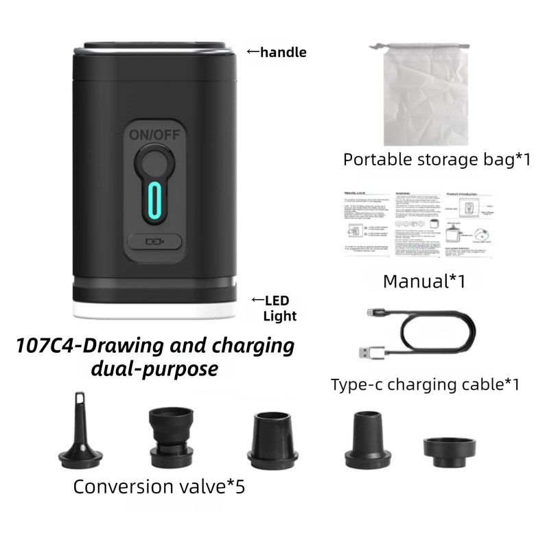Black Wireless Rechargeable Vacuum Pump with 5 Versatile Nozzles and LED - 2-in-1 Compact High-Suction Inflator & Deflator for Travel & Home