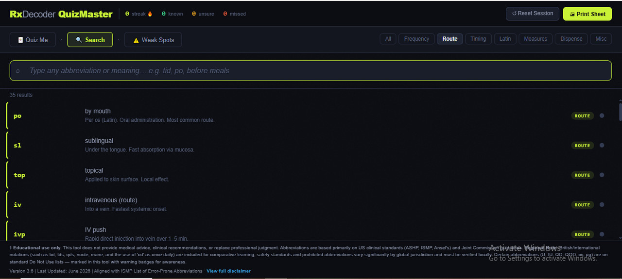 RxDecoder QuizMaster Interface Screenshot