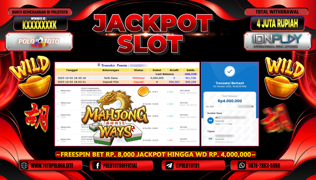 POLOTOTO JACKPOT SLOT MAHJONG WAYS Rp.4.000.000,- LUNAS