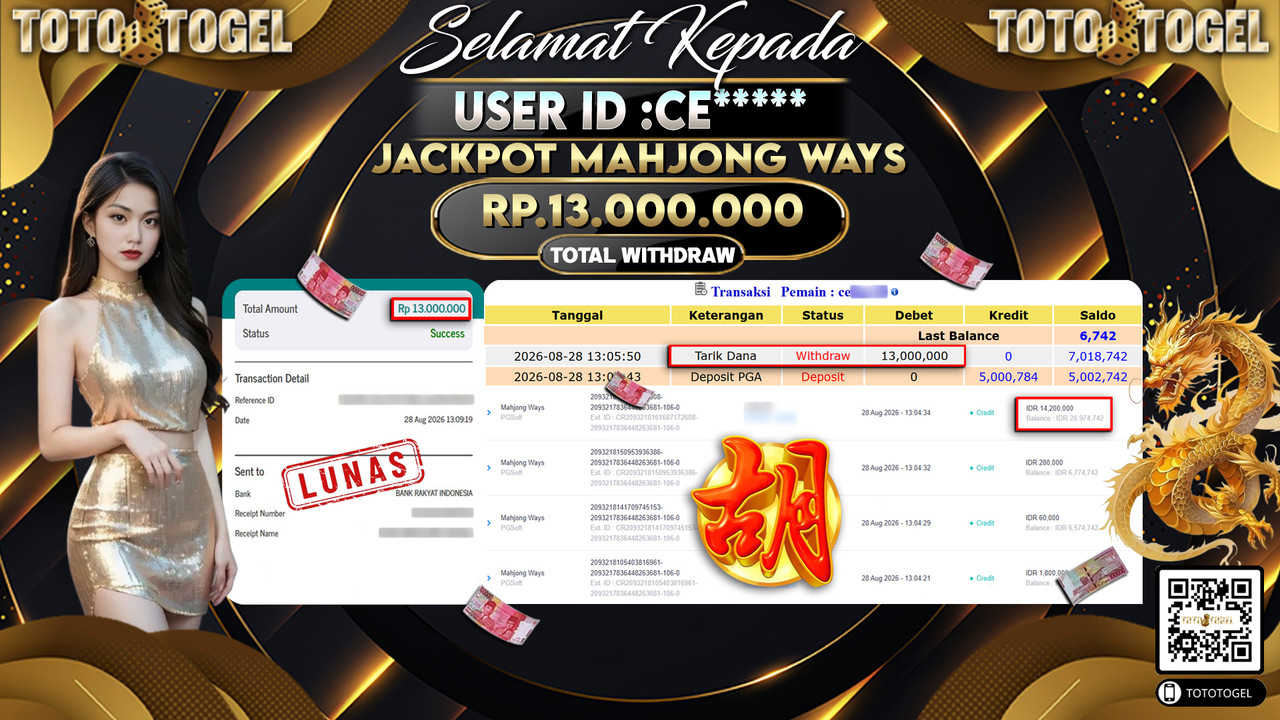 Bukti Pembayaran Jackpot Slot Mahjong Ways ID:CE*****LUNAS