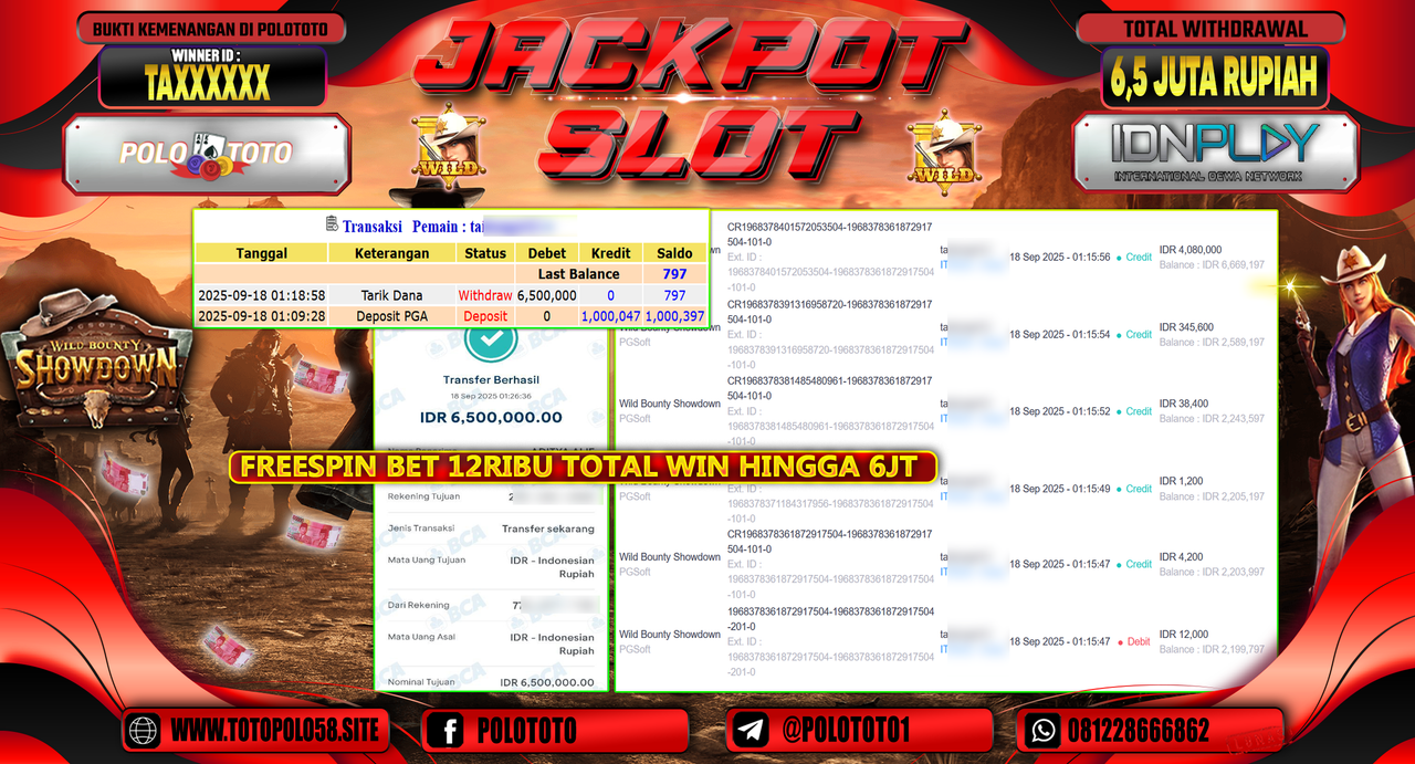 POLOTOTO JACKPOT SLOT WILD BOUNTY SHOWDOWN Rp.6.500.000,-