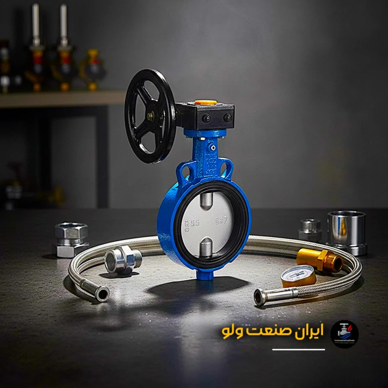 نمای بغل و اتصالات شیر پروانهای گیربکس میراب