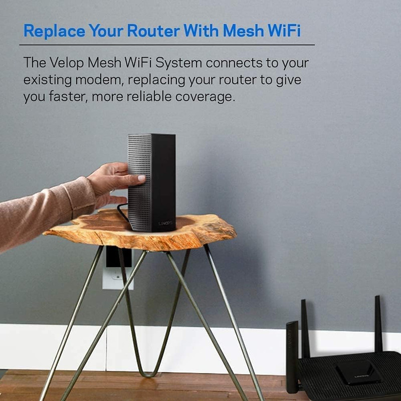 Los dos nodos del sistema Linksys Velop Tri-Band mostrando su diseño elegante y minimalista.