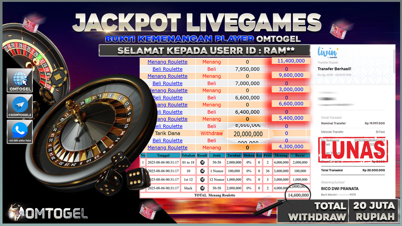 OMTOGEL JACKPOT LIVEGAMES ROULETTE 20 JUTA DI BAYAR LUNAS ,-