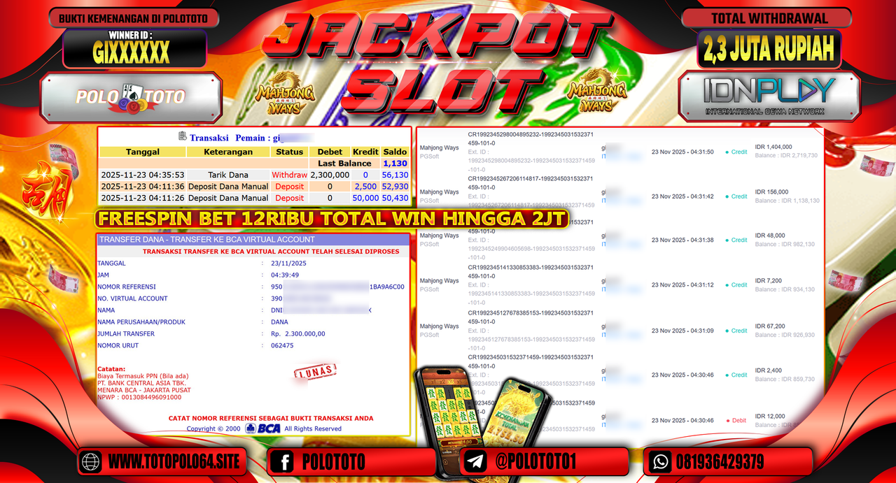 POLOTOTO JACKPOT SLOT MAHJONG WAYS Rp.2.300.000,- LUNAS