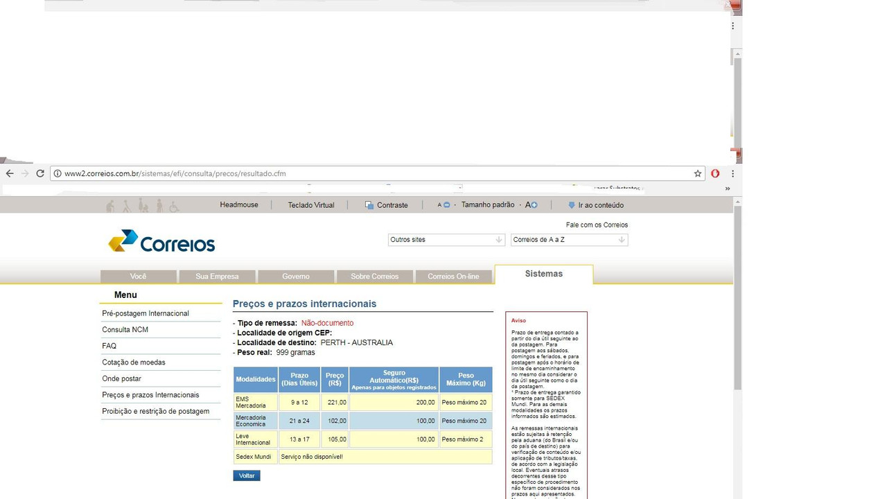 Preço Postagem Australia