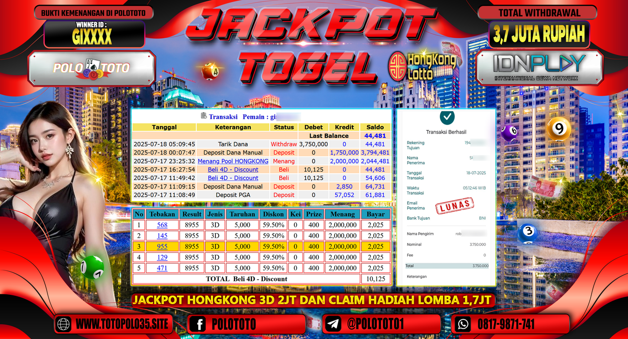 POLOTOTO JACKPOT TOGEL HONGKONG LOTTO Rp.3.700.000,- LUNAS