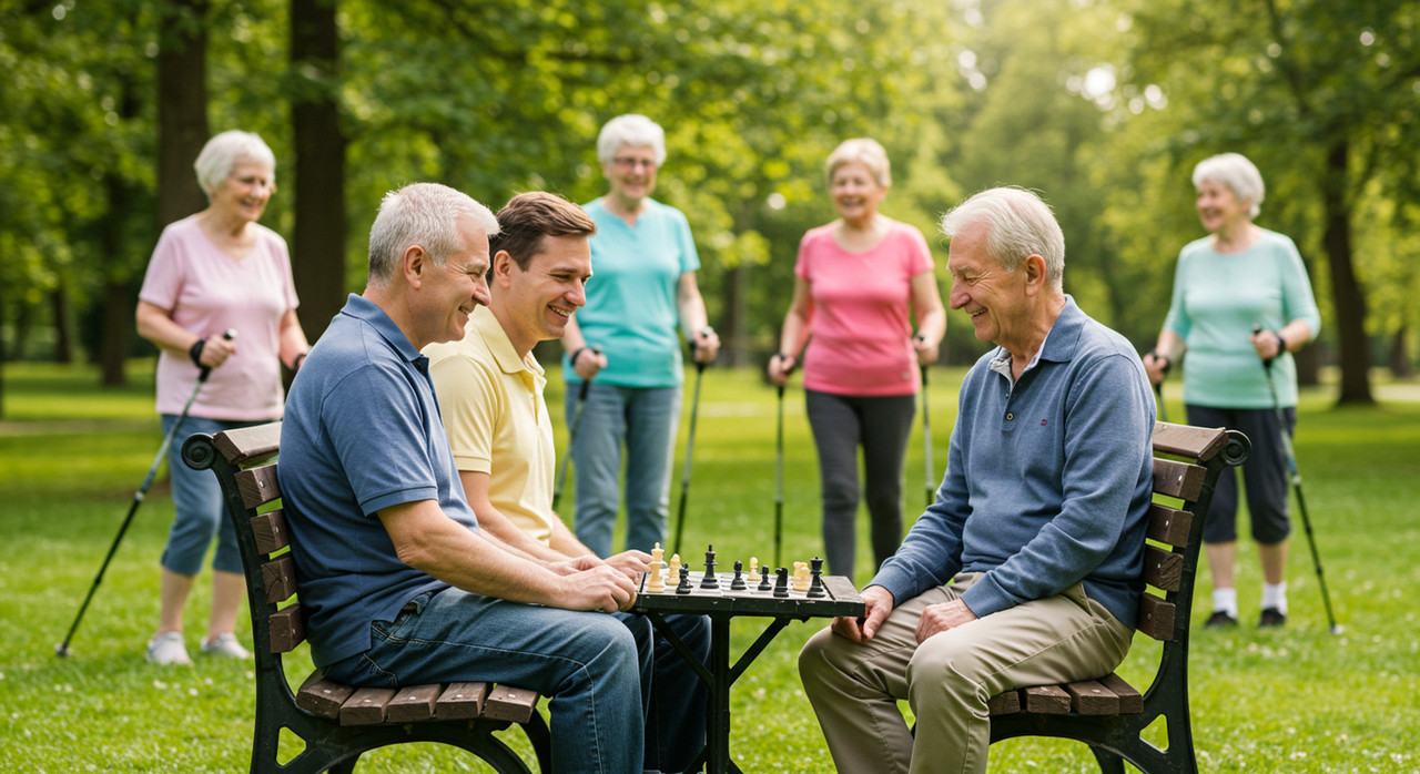 Группа пожилых людей и их родственников в парке