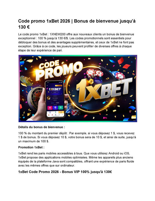 Code promo 1XBET gratuit aujourd'hui - Bonus 100 %