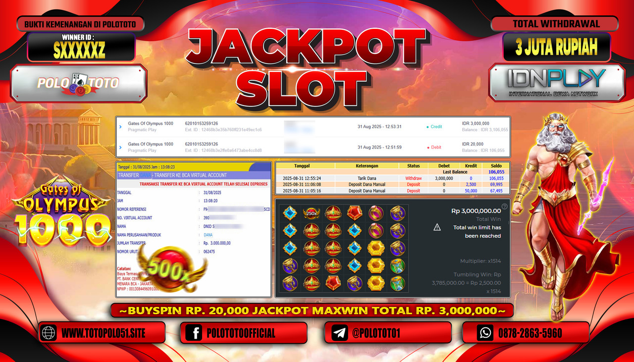POLOTOTO JACKPOT SLOT GATES OF OLYMPUS 1000 Rp.3.000.000,-LUNAS