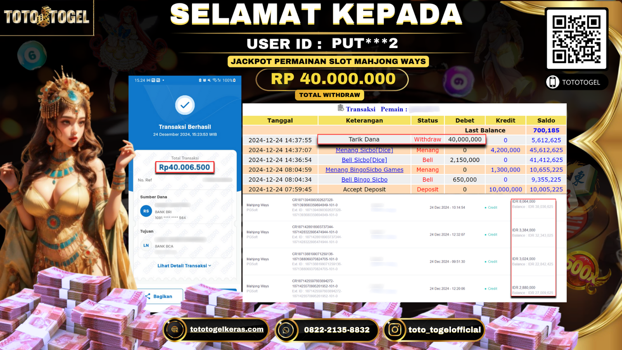 Bukti Pembayaran Jackpot  Permainan Slot Mahjong Ways  : PUT***2 LUNAS