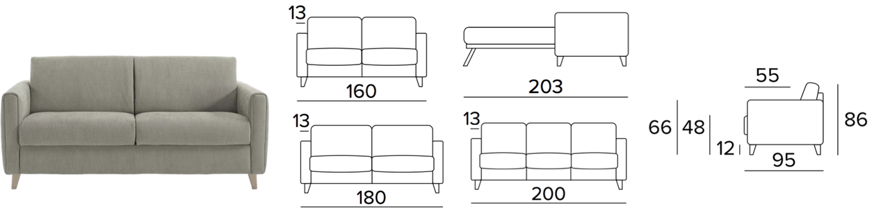 Schéma dimensions canapé convertible Italo 2 places 160 cm, 3 places 180 cm, 3,5 places 200 cm — Déco Éléments