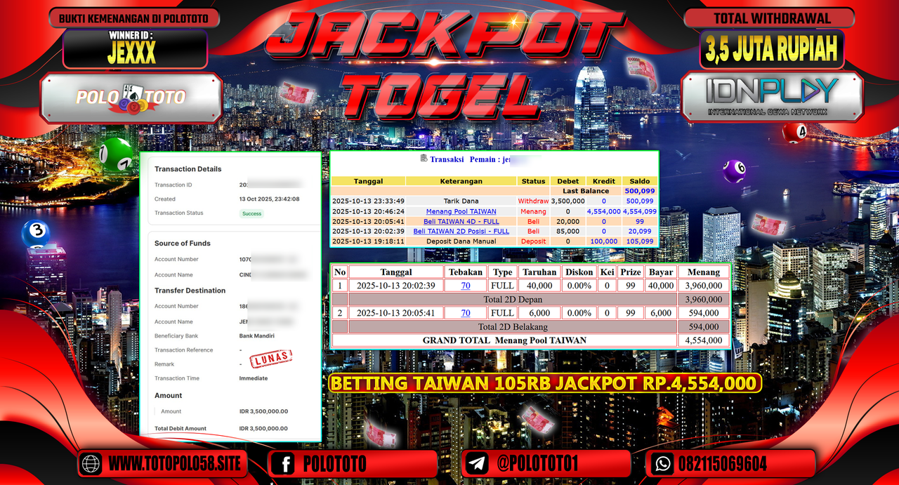 POLOTOTO JACKPOT TOGEL MENANG POOL TAIWAN Rp.3.500.000,- LUNAS
