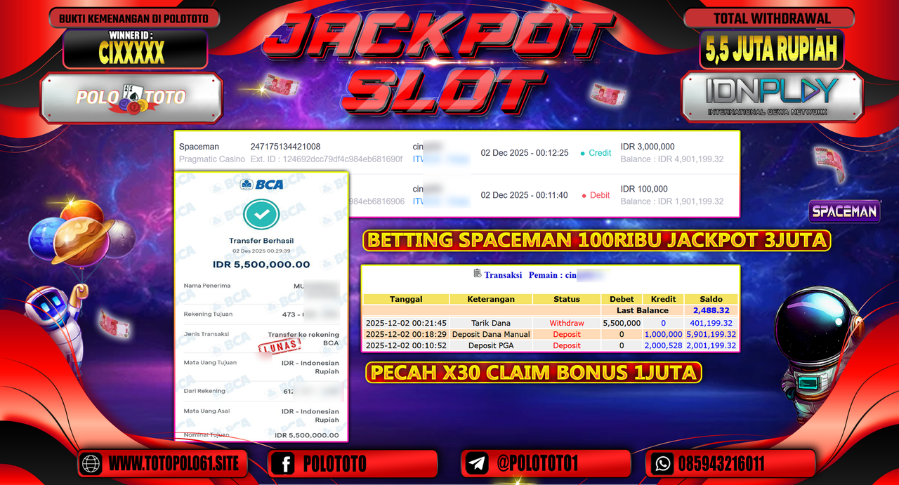 POLOTOTO JACKPOT SLOT SPACEMAN Rp.5.500.000,- LUNAS