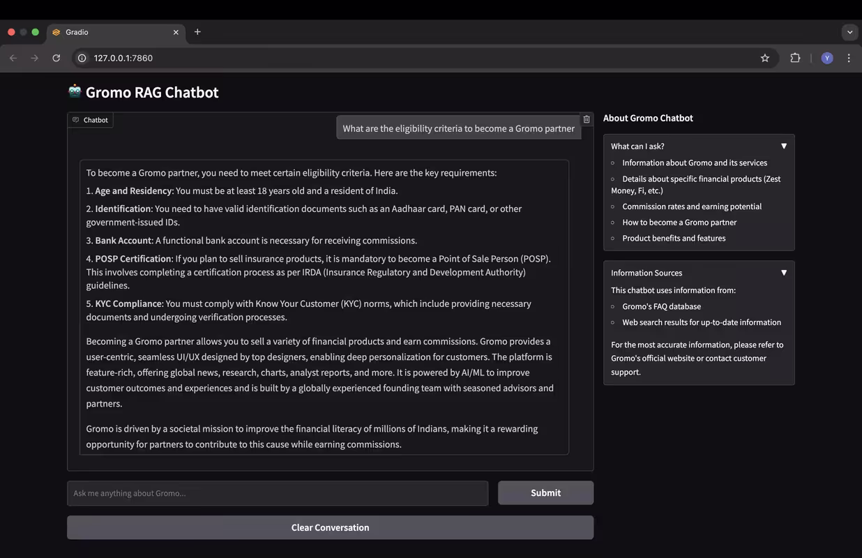 Gromo RAG Chatbot Screenshot