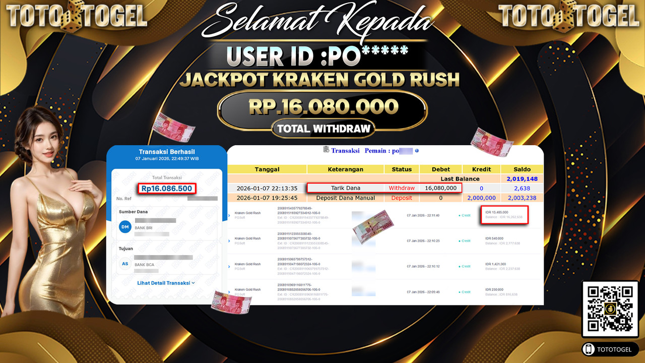 Bukti Pembayaran Jackpot Permainan Slot Kraken Gold Rush ID:PO**** LUNAS