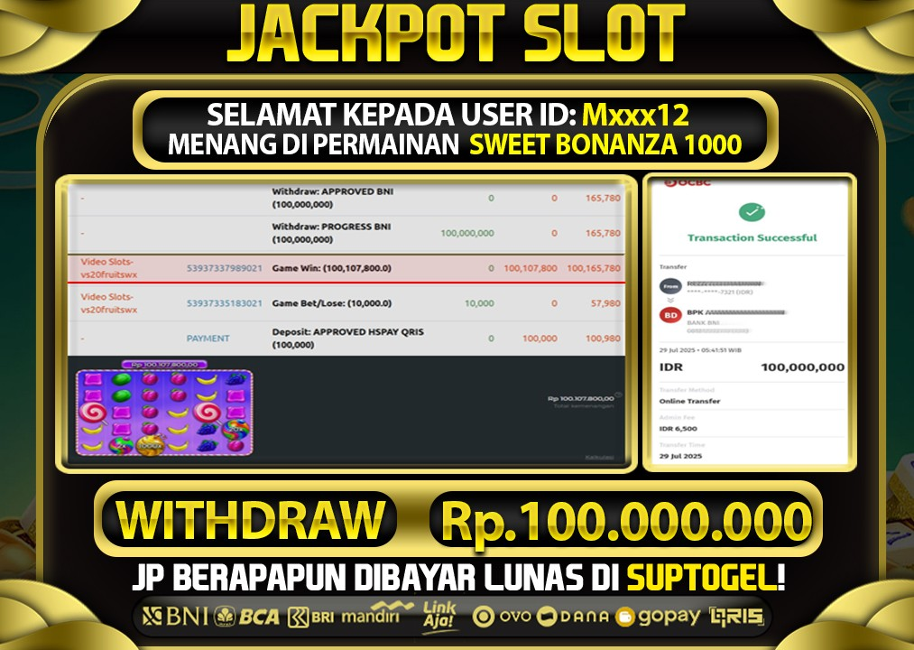  BUKTI KEMENANGAN 29 JULY 2025 MENANG DI PERMAINAN SWEET BONANZA 1000  TOTAL WD 100 JUTA