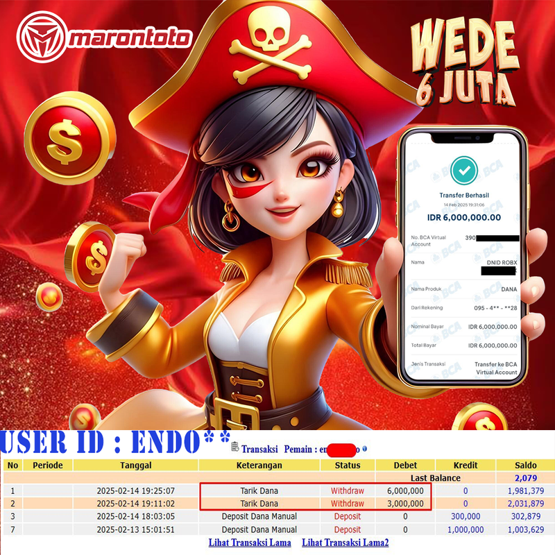 Bukti Kemenangan Member Marontoto Sebesar 6.000,000 JuTa