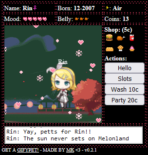 a gifypet page pet. the character featured is kagamine rin. the background is of a japanese castle or shrine seen from a distance, with a red tree at the forefront. there are various user interface elements surrounding the character and background, such as a mood meter and a list of actions.