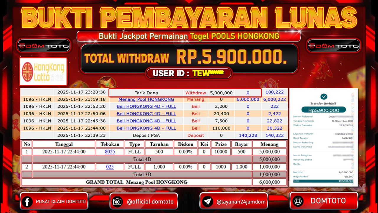 JACKPOT Togel Pools HONGKONG  17 NOVEMBER 2025