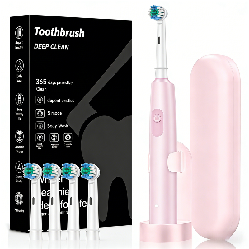 Pink Rotating Round Head Electric Toothbrush Kit with 4 Heads, Case & Stand - 3D Oscillating Mechanical Cleaning for Deep Plaque Removal