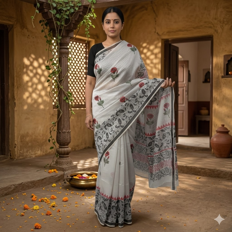 Qyaari by Penkraft Handblock Printed Chanderi Silk Saree - Lightweight Ethnic Wear for Festive & Party Occasions