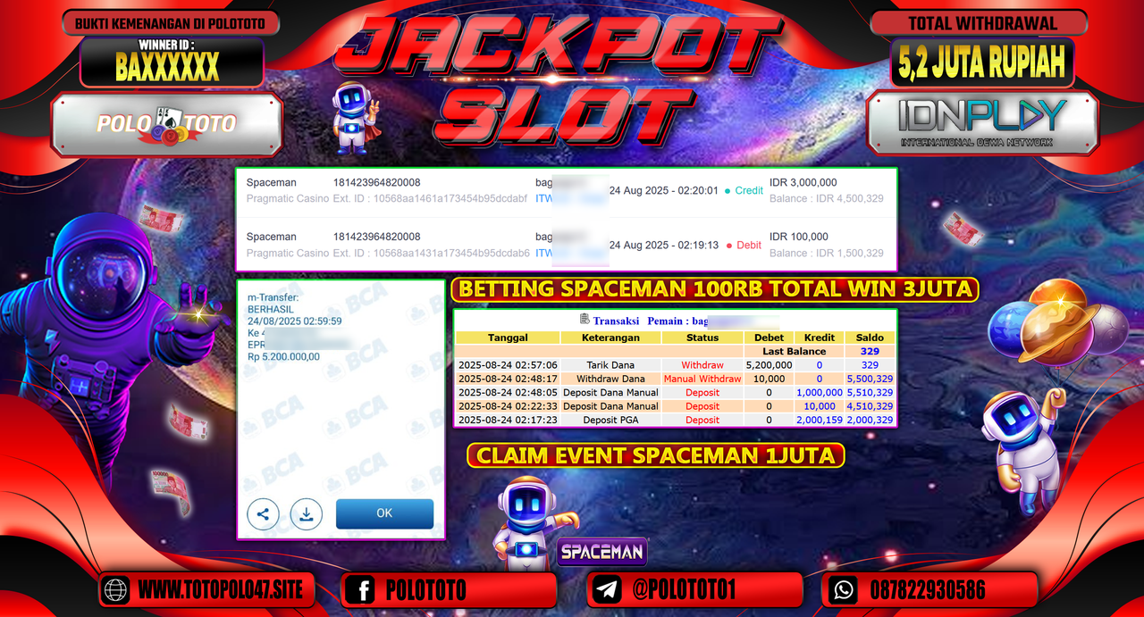POLOTOTO JACKPOT SLOT SPACEMAN Rp.5.200.000,-