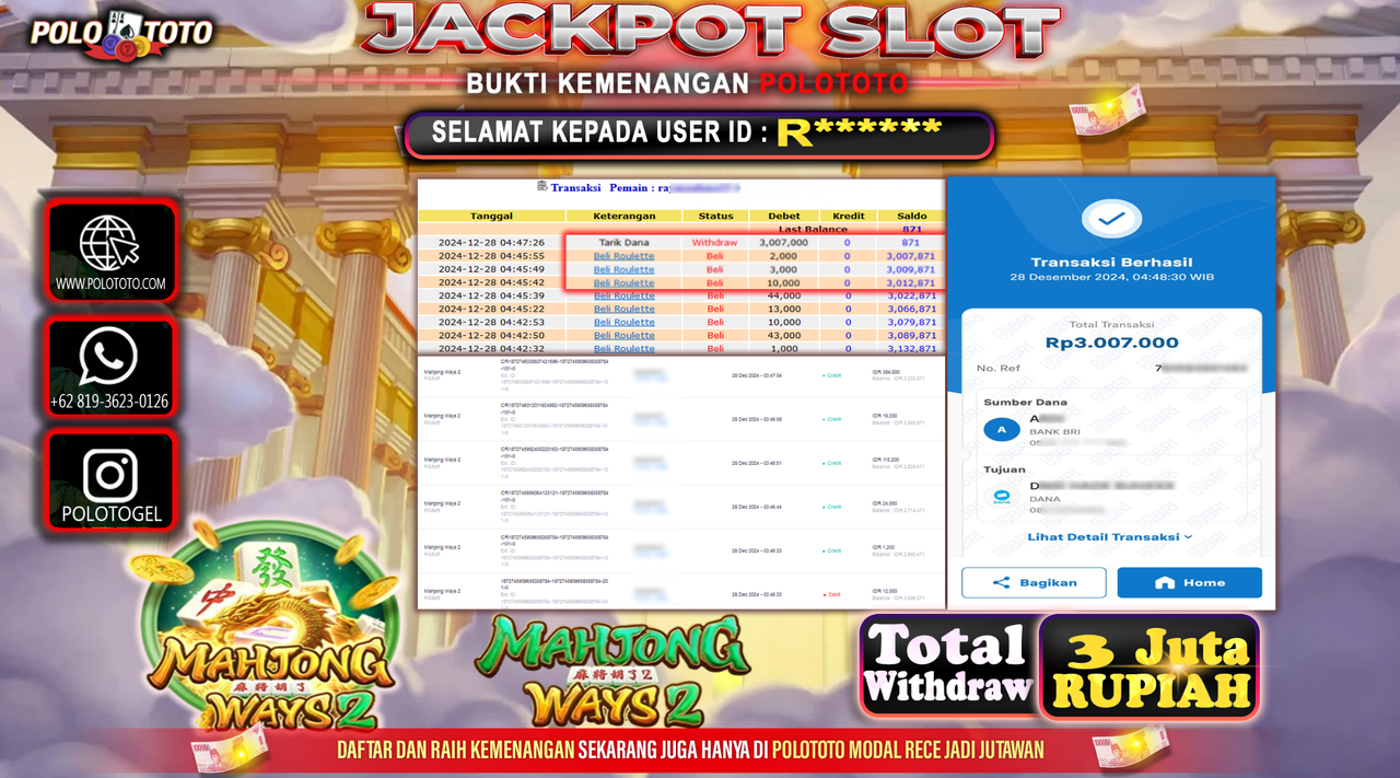 POLOTOTO JACKPOT SLOT MAHJONG WAYS 2 Rp.3,007.000,-