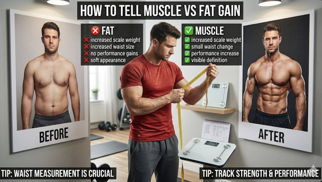 Infographic showing composition of weight gain with muscle vs fat vs water proportions, explaining fat vs muscle weight and body recomposition signs