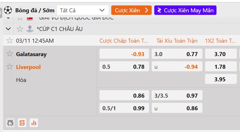 Tỷ lệ kèo Galatasaray vs Liverpool