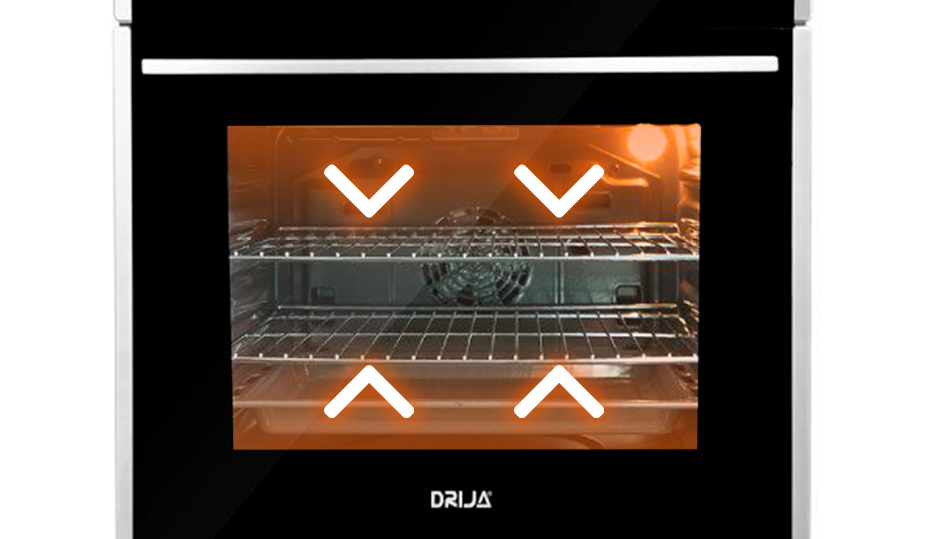 Horno Empotrable a Gas Drija Roma 76 con acabado en vidrio negro y acero inoxidable.