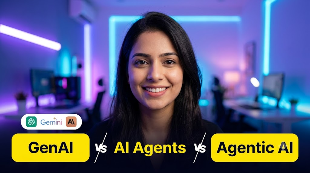 AI-generated example result for the youtube-thumbnail prompt: GenAI vs AI Agents vs Agentic AI Thumbnail – Tech Comparison Design AI YouTube Thumbnail Prompt