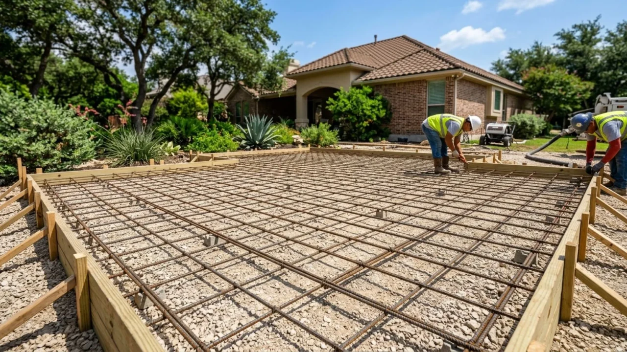 Concrete patio rebar reinforcement grid before pour in San Antonio residential project