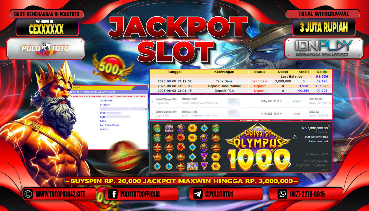 POLOTOTO JACKPOT SLOT GATES OF OLYMPUS 1000 Rp.3.000.000,-LUNAS