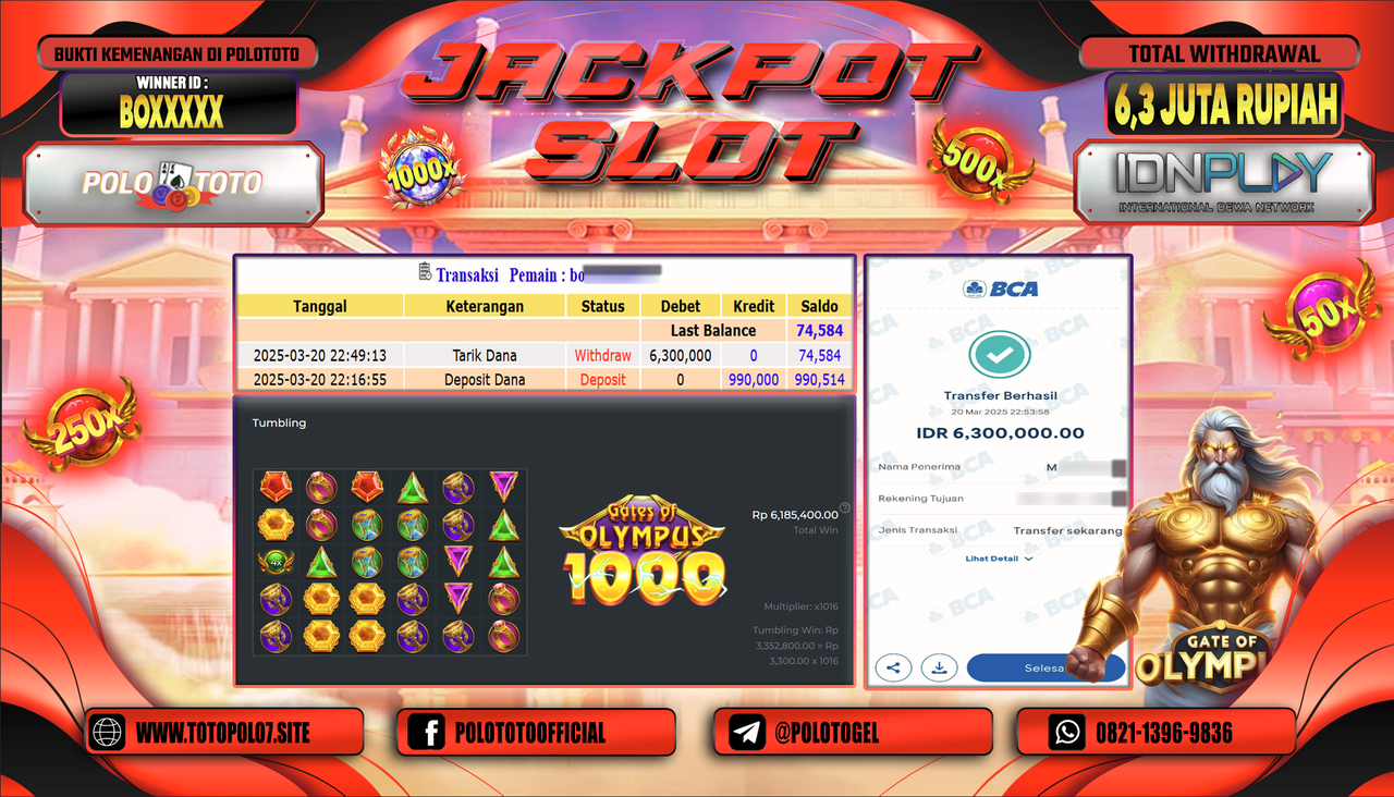 POLOTOTO JACKPOT SLOT GATES OF OLYMPUS 1000 Rp.6.300.000,-